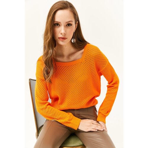 Olalook Women's Orange Square Neck Openwork Knitwear Sweater Slike