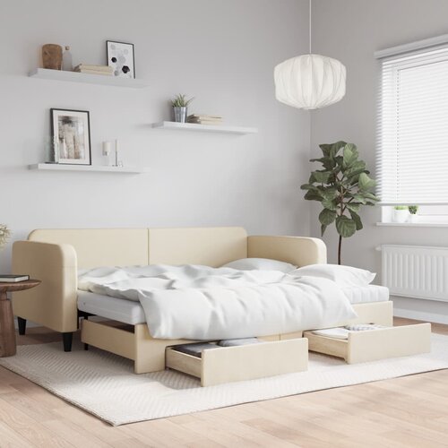 VidaXL Dnevni krevet na razvlačenje s ladicama krem 90x200 cm tkanina Slike