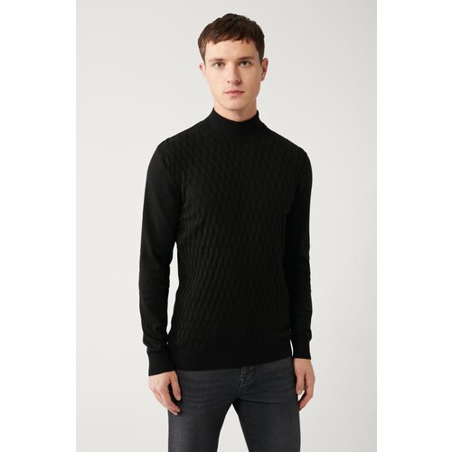 Avva Men's Black Knitwear Sweater Half Turtleneck Front Textured Cotton Standard Fit Regular Cut Slike
