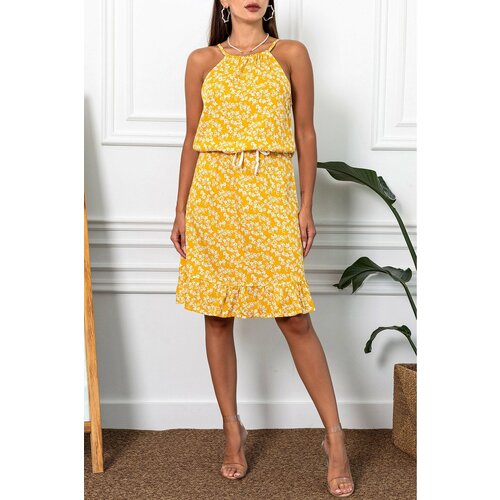 armonika Women's Yellow Halterneck With Tie Waist and Frilly Skirt With Frill Dress Cene