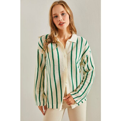 Bianco Lucci Women's Shirt Collar Long Sleeve Striped Cardigan Slike