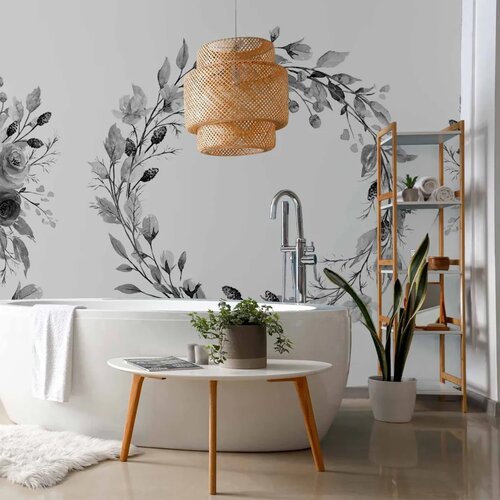  Foto tapeta - Romantic wreath - grey plant motif with leaves with rose pattern 300x210 Slike