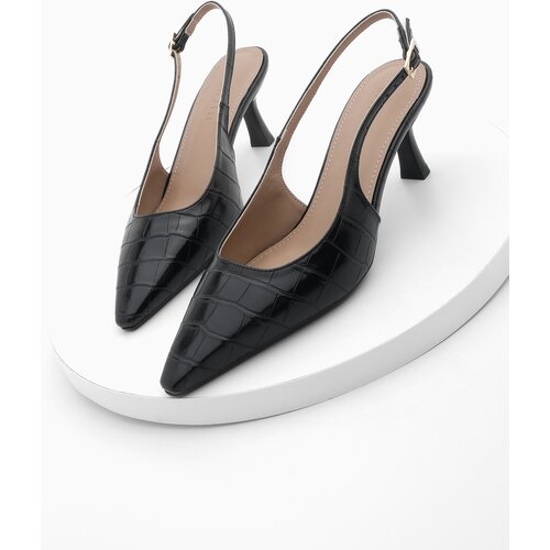Marjin Women's Stiletto Pointed Toe Open Back Thin Heel Heel Shoes Fanle Black Croco Slike