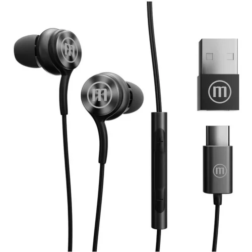 Maxell XC1 USB-C wired headphones with USB-A adapter black