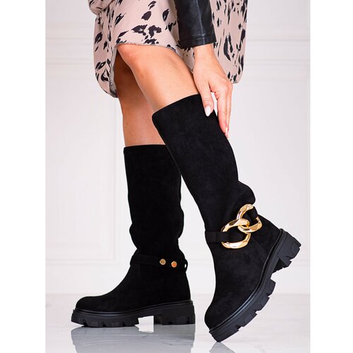 TRENDI black women's boots with chain made of ecological suede Slike