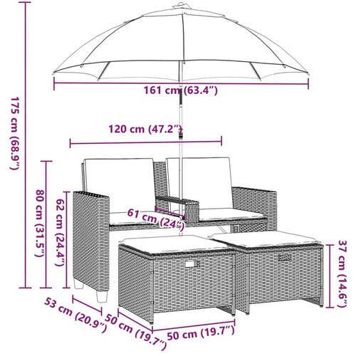 VidaXL Vrtna sofa 2-sjed sa suncobranom i tabureima svijetlo sivi Slike