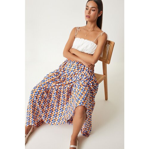 Happiness İstanbul Women's Orange Blue Patterned Flounce Summer Maxi Viscose Skirt Slike