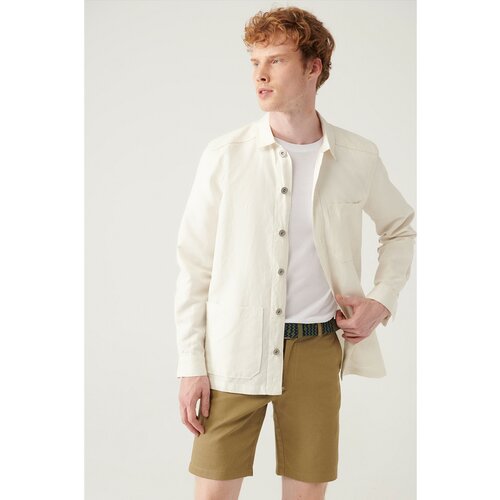 Avva Men's Ecru Plain Three Pockets Linen Jacket Shirt Slike