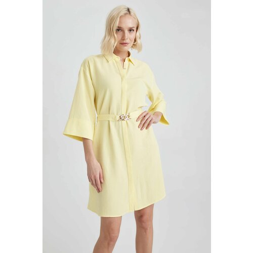 Defacto Shirt Collar Linen Blend Mini Long Sleeve Dress Slike
