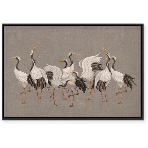  Slika - Crane dance &amp;ndash; bright silhouettes of birds against a warm grey background with texture 60x40 U crnom drvenom okviru Slike