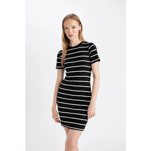 Defacto Coool Bodycon Crew Neck Striped Ribbed Camisole Short Sleeve Mini Dress