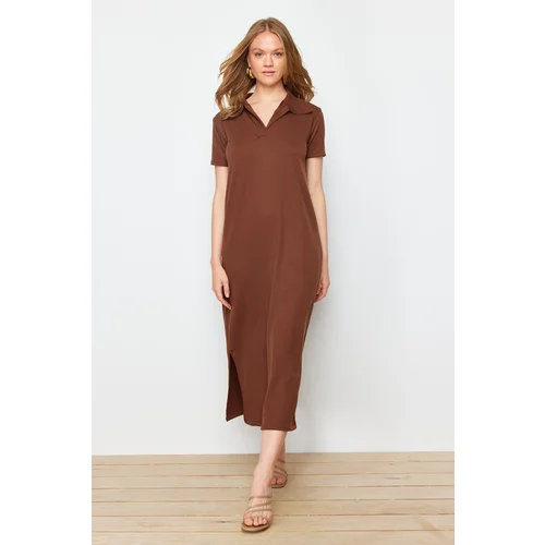 Trendyol Brown Polo Neck Shift/Nromal Cut Midi Knitted Dress