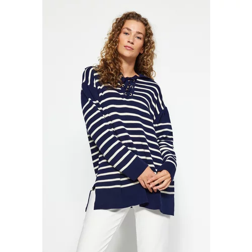 Trendyol Navy Blue Comfortable Fit Striped Knitwear Sweater
