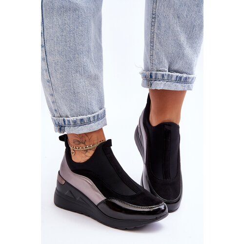 PE1 Women&amp;#039;s Slip-On Wedge Sneakers Black And Silver Farro Slike