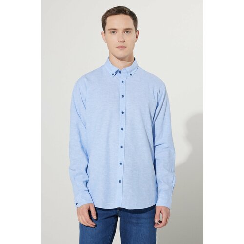 ALTINYILDIZ CLASSICS Men's Blue Comfort Fit Comfy Cut Buttoned Collar Linen Shirt. Slike