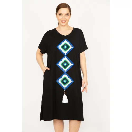 Şans Women's Black Plus Size Embroidery Detailed Side Pocket Dress