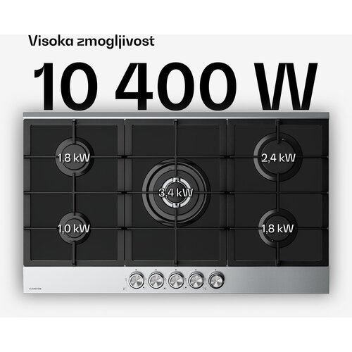 Klarstein Verosteel plinsko kuhalo, 5 plamena, električno paljenje, kompatibilno s prirodnim i LPG plinom, 10400W, 90cm Slike