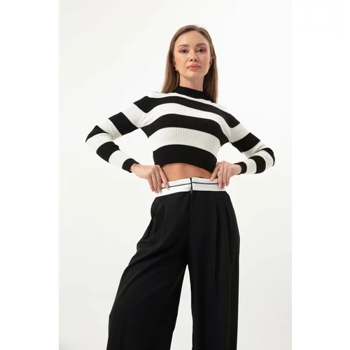 Lafaba Women's Black Striped Lycra Crop Knitwear Sweater