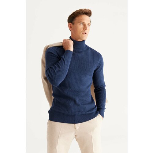 AC&Co / Altınyıldız Classics Men's Indigo Recycle Standard Fit Regular Cut Full Turtleneck Cotton Jacquard Knitwear Sweater. Slike