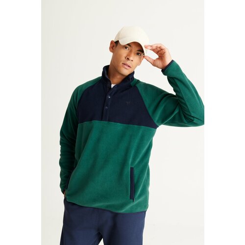 AC&Co / Altınyıldız Classics Men's Green-Navy Blue Standard Fit Normal Cut Stand-Up Bato Collar Patterned Fleece Sweatshirt Cene