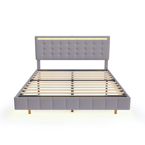 Lumor Postelja za odrasle 160x200 cm – lebdeča z LED in 2 USB-priključkoma + letveno dno – laneno blago – siva, (22151342) Cene