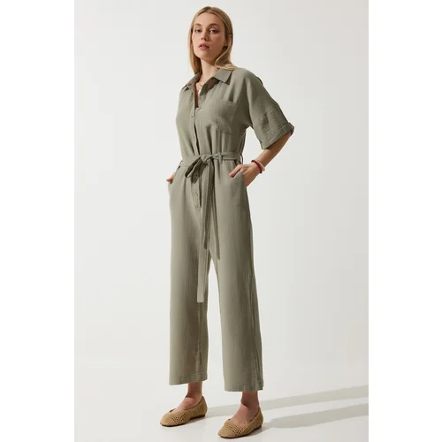  Women's Khaki Premium Belted Muslin Jumpsuit