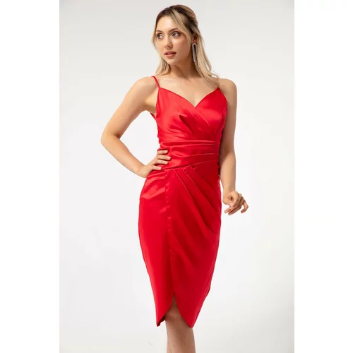 Lafaba Women's Red Double Breasted Evening Dress with a Slit Midi Satin