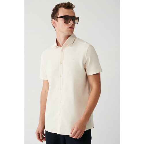 Avva Men's Beige Easy-Iron Classic Collar Knitted Lycra Cotton Slim Fit Slim Fit Short Sleeve Shirt Slike