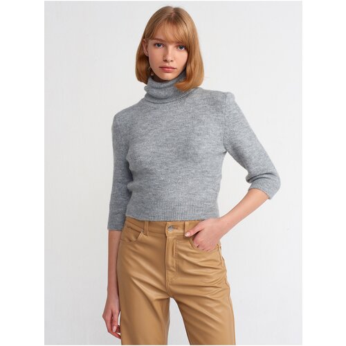 Dilvin 10306 Turtleneck Short Sleeve Crop Sweater-Dark Gray Slike