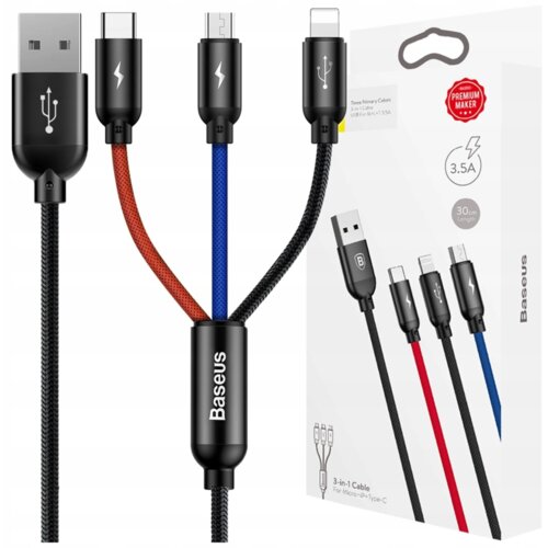 Baseus KABEL PRZEW&Oacute;D 3W1 USB-MICRO USB/LIGHTNING/USB-C 3.5A 0,3M CZARNY, (21980539) Cene