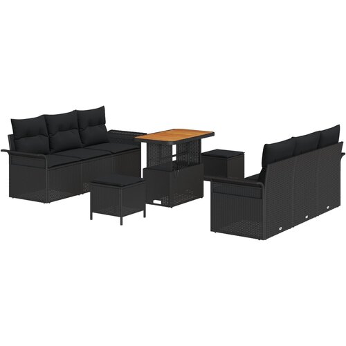 VidaXL 9-dijelni set vrtnog namje&amp;scaron;taja s jastučićima Crna poly rattan akacija, 2-sjedalna vrtna sofa s prostorom za pohranu i jastučićima Crna poly rattan, 3-dijelni set vrtnih stolica s jastučićima Crna poly rattan akacija Slike