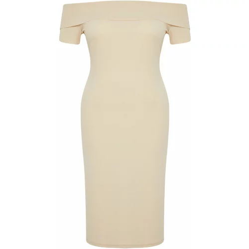 Trendyol Curve Beige Fitted Carmen Collar Ribbed Soft Textured Midi Stretch Knit Dress