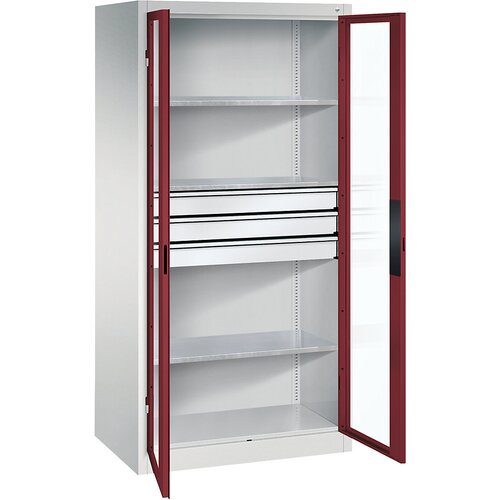 C+P Omara s krilnimi vrati z akrilnim steklom, VxŠxG 1950 x 930 x 600 mm, 3 police, 3 predali, svetlo sive / rubinasto rdeče barve Cene