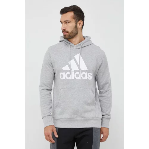 Adidas Pamučna dukserica za muškarce, boja: siva, s kapuljačom, s tiskom
