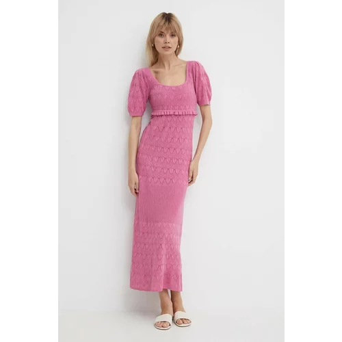 PepeJeans Obleka iz mešanice lana GOLDIE DRESS roza barva, PL953525