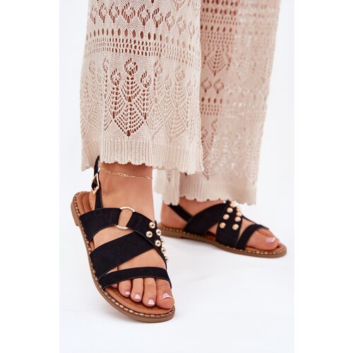Boto Women's sandals on flat heels with golden studs black Zanira Cene