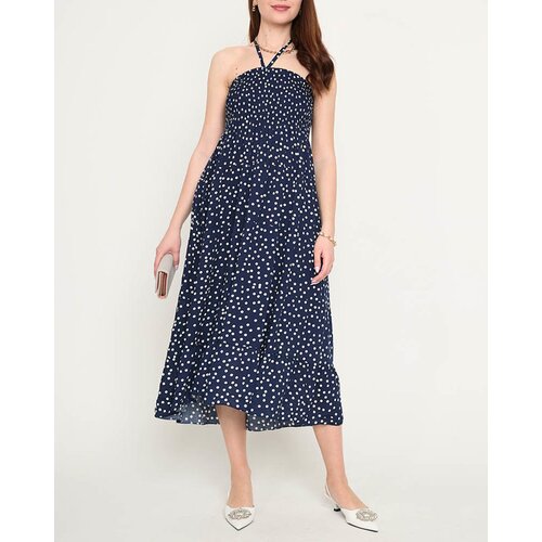 Resti Navy blue ladies midi dress with polka dots - Clothing Cene