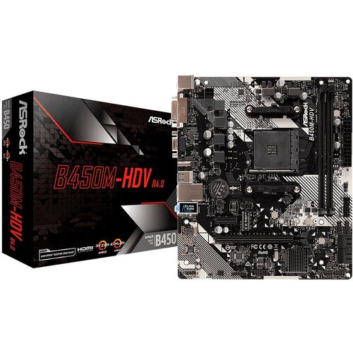 AsRock Main Board Desktop B450M-HDV R4.0 (SAM4,2xDDR4,1xPCI 3.0x16,1xPCI Ex1,SATA III,1xM.2,1xUlraM.2,USB3.0,GLAN, VGA,DVI,HDMI,) mATX Retail Slike