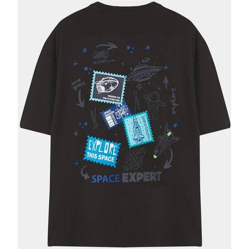 Trendyol Black Oversize/Wide Cut Short Sleeve Galaxy Back Printed 100% Cotton T-shirt