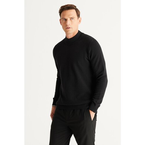 AC&Co / Altınyıldız Classics Men's Black Recycle Standard Fit Half Turtleneck Cotton Patterned Knitwear Sweater Slike
