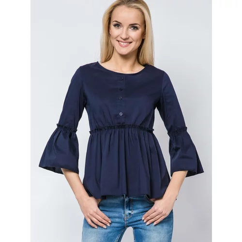 New collection Blouse with frills and lace-up neckline navy blue