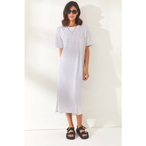 Olalook Women's Gray Oversized Cotton Dress with Slits Slike