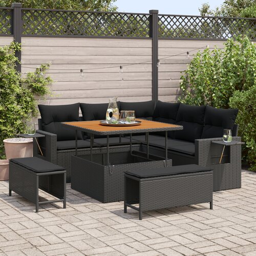 VidaXL 8-dijelni set vrtnih sofa s jastučićima crni poli ratan akacija, 3-dijelni set vrtne blagovaonice s jastučićima crni poli ratan akacija Slike