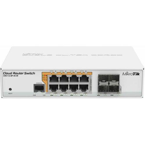 MikroTik CRS112-8P-4S-IN, 8x Gigabit Ethernet Smart Switch with PoE-out, 4x SFP cages, 400MHz CPU, 128MB RAM, desktop case, RouterOS L5 svič Cene
