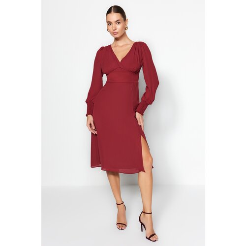 Trendyol Claret Red Midi Dress with Corsage Detailed and a Slit Cene