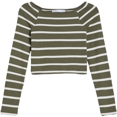 Bershka Majica temno zelena / bela Slike