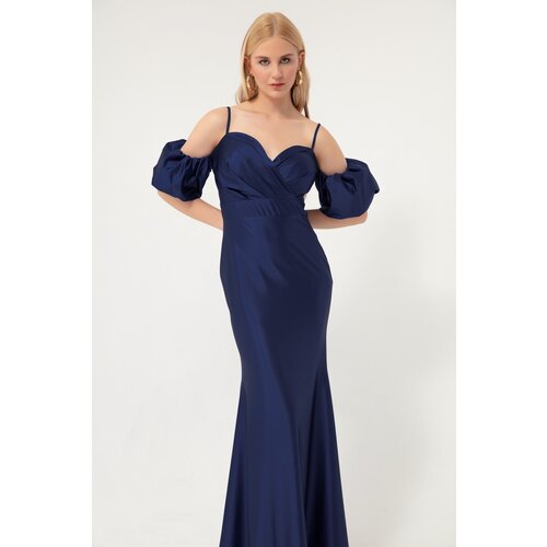 Lafaba Women's Navy Blue Rope Straps Low-Sleeve Long Satin Evening Dress. Cene