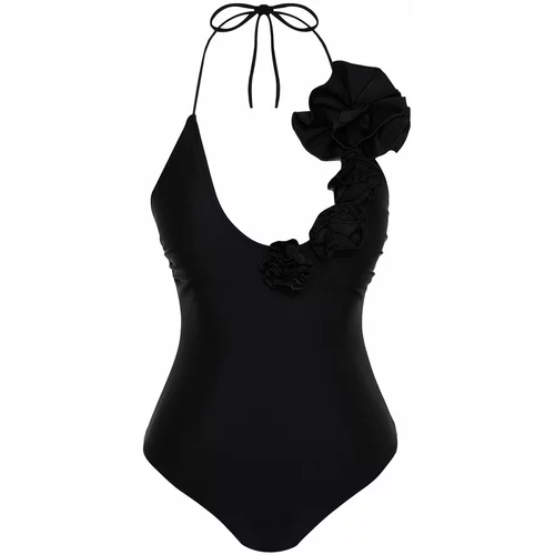 Trendyol Black Deep Decollete Floral Appliqué High Leg Swimsuit