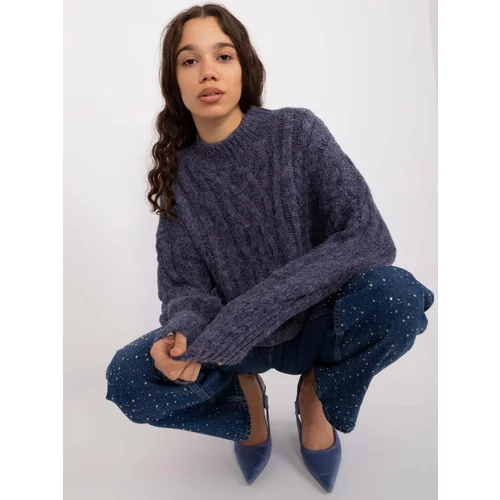 Fashion Hunters Navy blue knitted sweater with cables