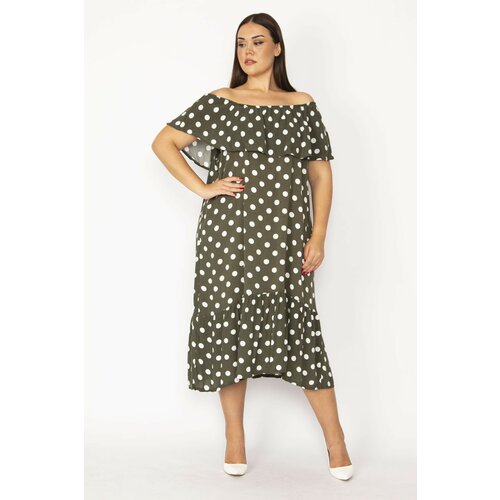 Şans Women's Plus Size Khaki Neck Elastic And Flounce Detailed Woven Viscose Fabric Dress Slike
